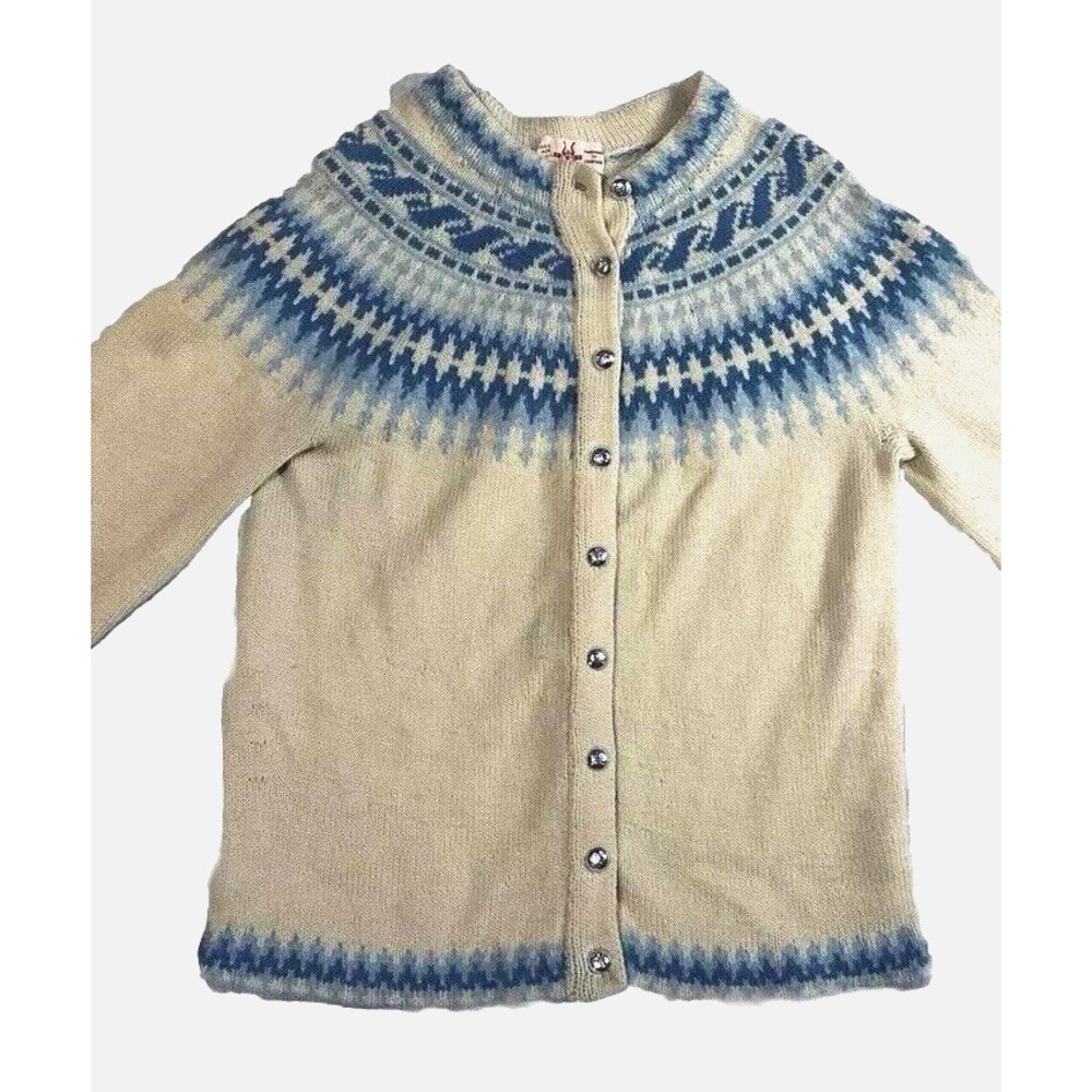 Handmade in Denmark‎ Wool XS (32" Chest) Fair Isle Cardigan Cream Blue Vintage - Picture 3 of 16